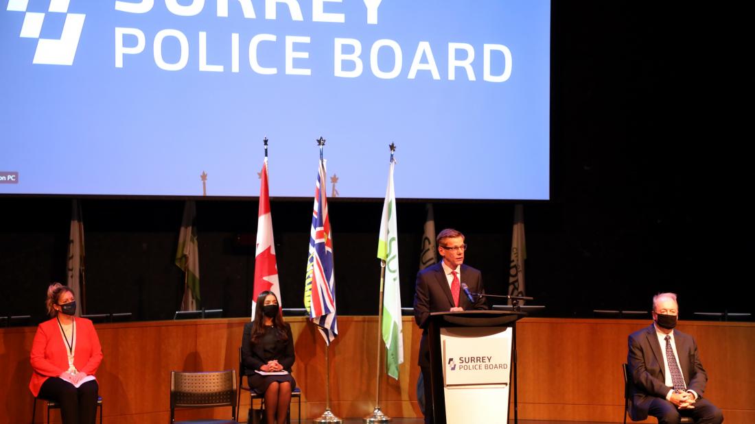 Chief Constable Norm Lipinski at the Surrey Police Board podium